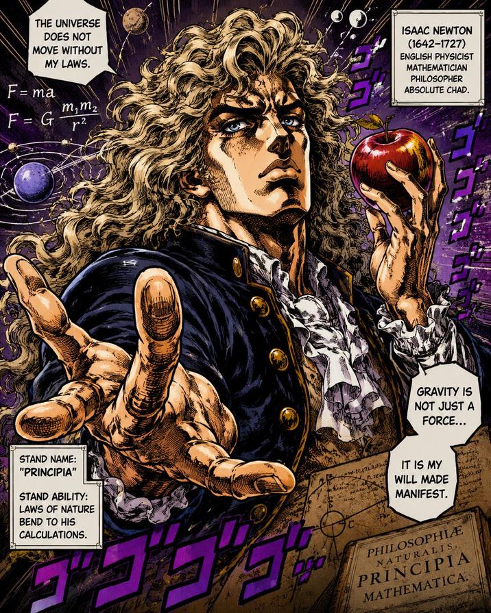 THE UNIVERSE DOES NOT MOVE WITHOUT MY LAWS. = ma F= F = G m,m2 r² ISAAC NEWTON (1642-1727) ENGLISH PHYSICIST MATHEMATICIAN PHILOSOPHER ABSOLUTE CHAD. STAND NAME: "PRINCIPIA" STAND ABILITY: LAWS OF NATURE BEND TO HIS CALCULATIONS. GRAVITY IS NOT JUST A FORCE... વિચા IT IS MY WILL MADE MANIFEST. C PHILOSOPHIÆ NATURALIS. PRINCIPIA MATHEMATICA.