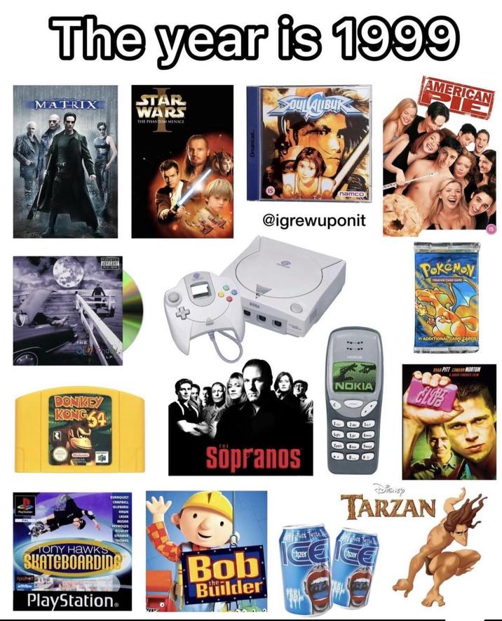 The year is 1999 MATRIX STAR WARS THE PHANTOM MENACE OUL CALIBUR AMERICAN RIE THE DONKEY Nintendo PlayStation PAL TONY HAWK'S BURNQUIST CAMPBELL GUIFSING HAWK LASEK MUSKA REYNOLDS ROWLEY STEAMER THOMAS SKATEBOARDING NEVER PlayStation® SEEA Dreamcast. namco @igrewuponit Sopranos Bob Builder PokeMoy TRADING CARD GAME 11 ADDITIONAL GAME CARDS NOKIA BRAD PITT EDWARD NORTON CRED CLOS ADACHER FILM Tast tizer DISNEY TARZAN Just Taste yzer
