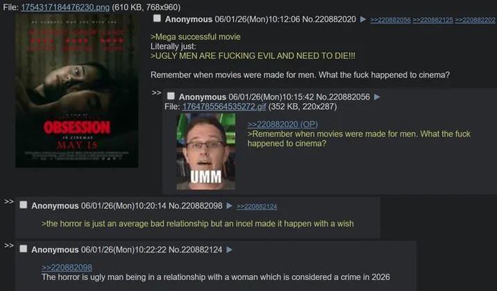 File: 1754317184476230.png (610 KB, 768×960) OBSESSION MAY 15 IN CINEMAL Anonymous 06/01/26(Mon) 10:12:06 No.220882020 >>220882056 >>220882125 >>220882202 >Mega successful movie Literally just: >UGLY MEN ARE F------ EVIL AND NEED TO DIE!!! Remember when movies were made for men. What the f--- happened to cinema? Anonymous 06/01/26(Mon)10:15:42 No.220882056 File: 1764785564535272.gif (352 KB, 220x287) >>220882020 (OP) >Remember when movies were made for men. What the f--- happened to cinema? UMM Anonymous 06/01/26(Mon) 10:20:14 No.220882098 ►>>220882124 >the horror is just an average bad relationship but an incel made it happen with a wish Anonymous 06/01/26(Mon) 10:22:22 No.220882124 ► >>220882098 The horror is ugly man being in a relationship with a woman which is considered a crime in 2026