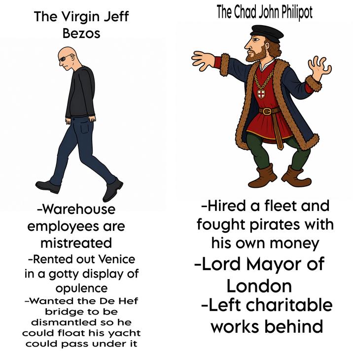 The Virgin Jeff Bezos The Chad John Philipot чи G -Warehouse employees are mistreated -Rented out Venice in a gotty display of opulence -Wanted the De Hef bridge to be dismantled so he could float his yacht could pass under it -Hired a fleet and fought pirates with his own money -Lord Mayor of London -Left charitable works behind €