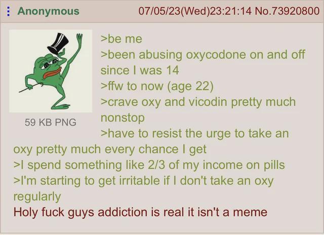 Anonymous 59 KB PNG >be me 07/05/23(Wed)23:21:14 No.73920800 >been abusing oxycodone on and off since I was 14 >ffw to now (age 22) >crave oxy and vicodin pretty much nonstop >have to resist the urge to take an oxy pretty much every chance I get >I spend something like 2/3 of my income on pills >I'm starting to get irritable if I don't take an oxy regularly Holy f--- guys addiction is real it isn't a meme