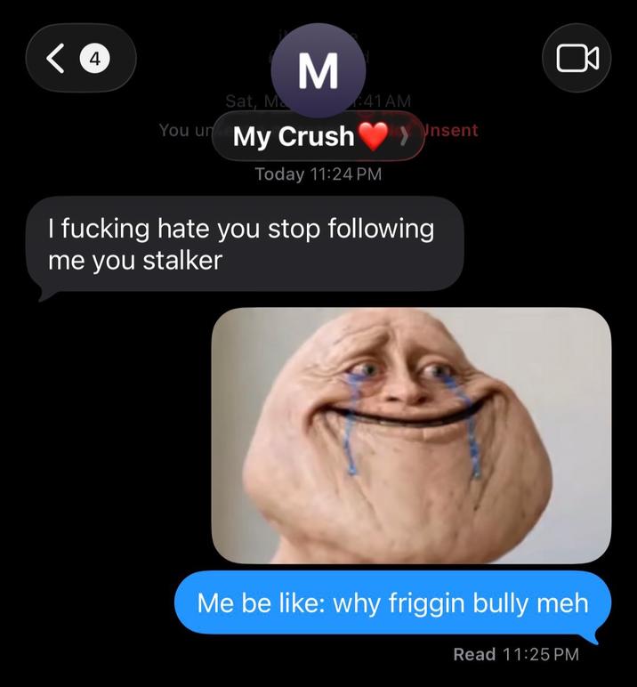 < 4 Σ Sat, Ma You un My Crush 41 AM Today 11:24 PM Insent I f------ hate you stop following me you stalker Me be like: why friggin bully meh Read 11:25 PM