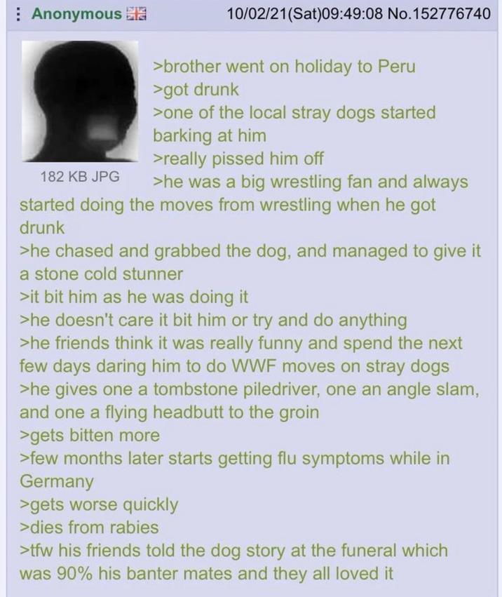 Anonymous 182 KB JPG 10/02/21(Sat)09:49:08 No. 152776740 >brother went on holiday to Peru >got drunk >one of the local stray dogs started barking at him >really p----- him off >he was a big wrestling fan and always started doing the moves from wrestling when he got drunk >he chased and grabbed the dog, and managed to give it a stone cold stunner >it bit him as he was doing it >he doesn't care it bit him or try and do anything >he friends think it was really funny and spend the next few days daring him to do WWF moves on stray dogs >he gives one a tombstone piledriver, one an angle slam, and one a flying headbutt to the groin >gets bitten more >few months later starts getting flu symptoms while in Germany >gets worse quickly >dies from rabies >tfw his friends told the dog story at the funeral which was 90% his banter mates and they all loved it