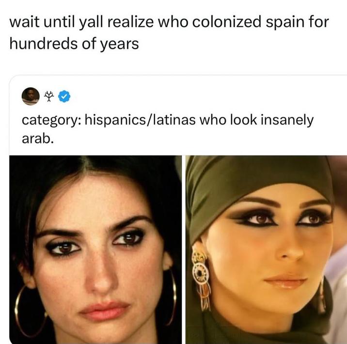 wait until yall realize who colonized spain for hundreds of years * category: hispanics/latinas who look insanely arab.