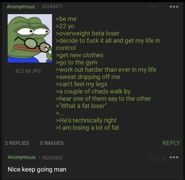 Anonymous | 45243472 42,2 KB JPG >be me >22 yo >overweight beta loser >decide to f--- it all and get my life in control >get new clothes >go to the gym >work out harder than ever in my life >sweat dripping off me >can't feel my legs >a couple of chads walk by >hear one of them say to the other >"What a fat loser" >... >He's technically right >I am losing a lot of fat 3 REPLIES O IMAGES Anonymous | 45243502 Nice keep going man REPLY