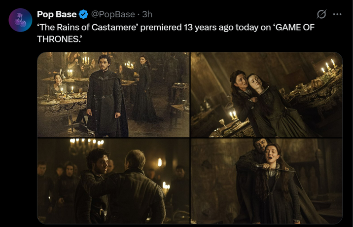 Pop Base @PopBase 3h 'The Rains of Castamere' premiered 13 years ago today on 'GAME OF THRONES.'