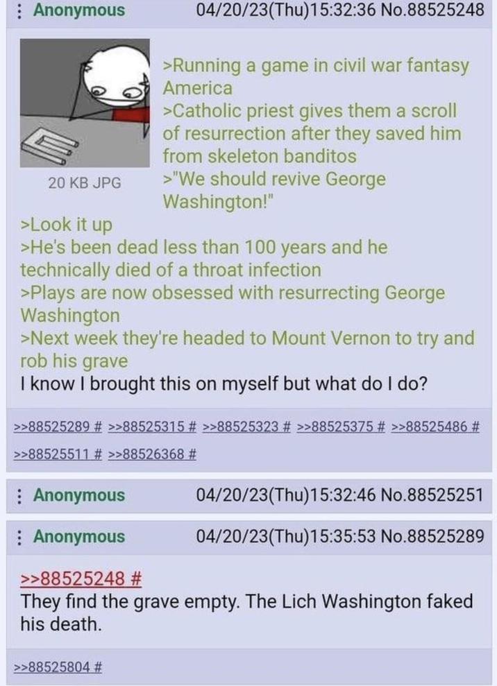 : Anonymous 20 KB JPG >Look it up 04/20/23(Thu)15:32:36 No.88525248 >Running a game in civil war fantasy America >Catholic priest gives them a scroll of resurrection after they saved him from skeleton banditos >"We should revive George Washington!" >He's been dead less than 100 years and he technically died of a throat infection >Plays are now obsessed with resurrecting George Washington >Next week they're headed to Mount Vernon to try and rob his grave I know I brought this on myself but what do I do? >>88525289 # >>88525315 # >>88525323 # >>88525375 # >>88525486 # >>88525511 # >>88526368 # Anonymous : Anonymous >>88525248 # 04/20/23(Thu)15:32:46 No.88525251 04/20/23(Thu)15:35:53 No.88525289 They find the grave empty. The Lich Washington faked his death. >>88525804 #