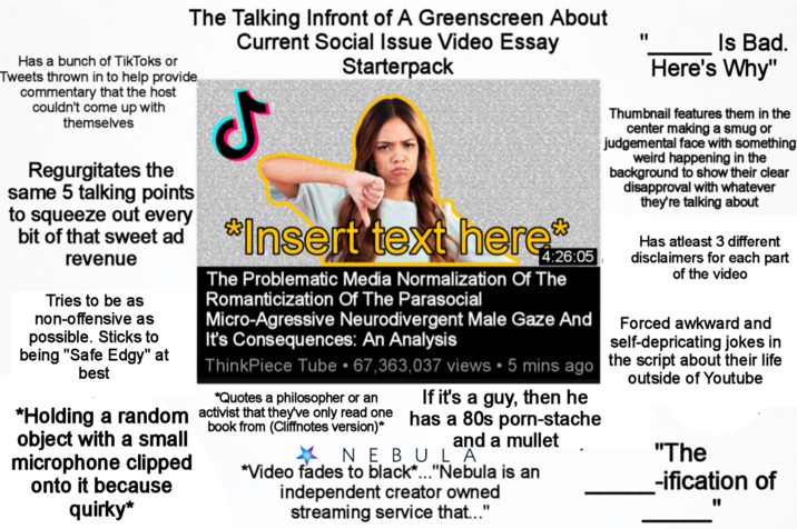 Has a bunch of TikToks or The Talking Infront of A Greenscreen About Current Social Issue Video Essay Starterpack Tweets thrown in to help provide commentary that the host couldn't come up with themselves Regurgitates the same 5 talking points to squeeze out every J bit of that sweet ad Insert text here* revenue Tries to be as non-offensive as possible. Sticks to being "Safe Edgy" at best 4:26:05 The Problematic Media Normalization Of The Romanticization Of The Parasocial Micro-Agressive Neurodivergent Male Gaze And It's Consequences: An Analysis ThinkPiece Tube • 67,363,037 views • 5 mins ago *Quotes a philosopher or an If it's a guy, then he *Holding a random activist that they've only read one has a 80s p----stache object with a small microphone clipped onto it because quirky* book from (Cliffnotes version)* and a mullet NEBULA *Video fades to black*..."Nebula is an independent creator owned streaming service that..." "I Is Bad. Here's Why" Thumbnail features them in the center making a smug or judgemental face with something weird happening in the background to show their clear disapproval with whatever they're talking about Has atleast 3 different disclaimers for each part of the video Forced awkward and self-depricating jokes in the script about their life outside of Youtube "The -ification of "