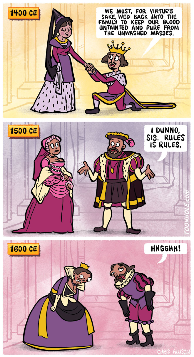 1400 CE WE MUST, FOR VIRTUE'S SAKE, WED BACK INTO THE FAMILY TO KEEP OUR BLOOD UNTAINTED AND PURE FROM THE UNWASHED MASSES. 1500 CE I DUNNO, SIS. RULES IS RULES. 1600 CE HNGGHH! CHRIS ALLISON TOONHOL