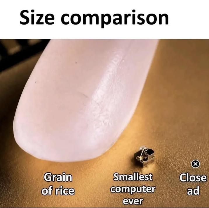 Size comparison Grain of rice Smallest computer Close ad ever