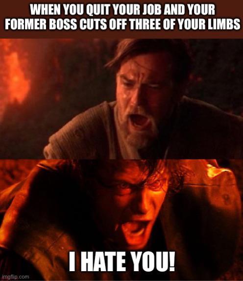 WHEN YOU QUIT YOUR JOB AND YOUR FORMER BOSS CUTS OFF THREE OF YOUR LIMBS I HATE YOU! imgflip.com