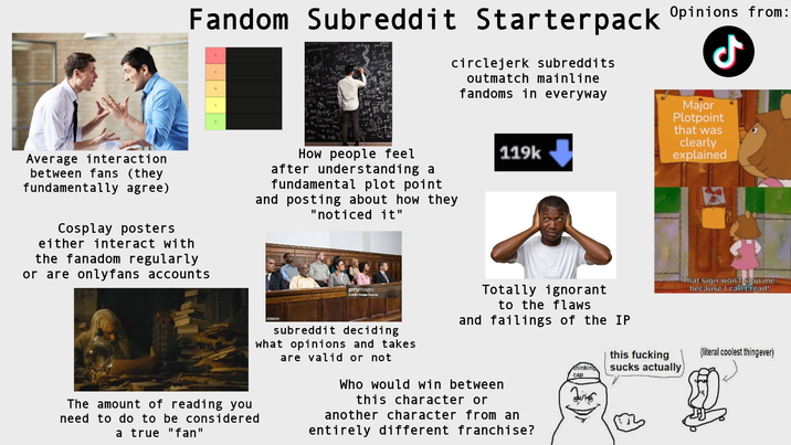 Fandom Subreddit Starterpack Opinions from: A B C D 网 circlejerk subreddits outmatch mainline fandoms in everyway 5-12 2-121 How people feel after understanding a fundamental plot point and posting about how they "noticed it" 119k Major Plotpoint that was clearly explained Average interaction between fans (they fundamentally agree) Cosplay posters either interact with the fanadom regularly or are onlyfans accounts The amount of reading you need to do to be considered a true "fan" 87300719 gettyimages Credit: Image Source subreddit deciding what opinions and takes are valid or not Totally ignorant to the flaws and failings of the IP Who would win between this character or another character from an entirely different franchise? That sign won't stop me. because I can't read! thinking cap this f------ sucks actually (literal coolest thingever)