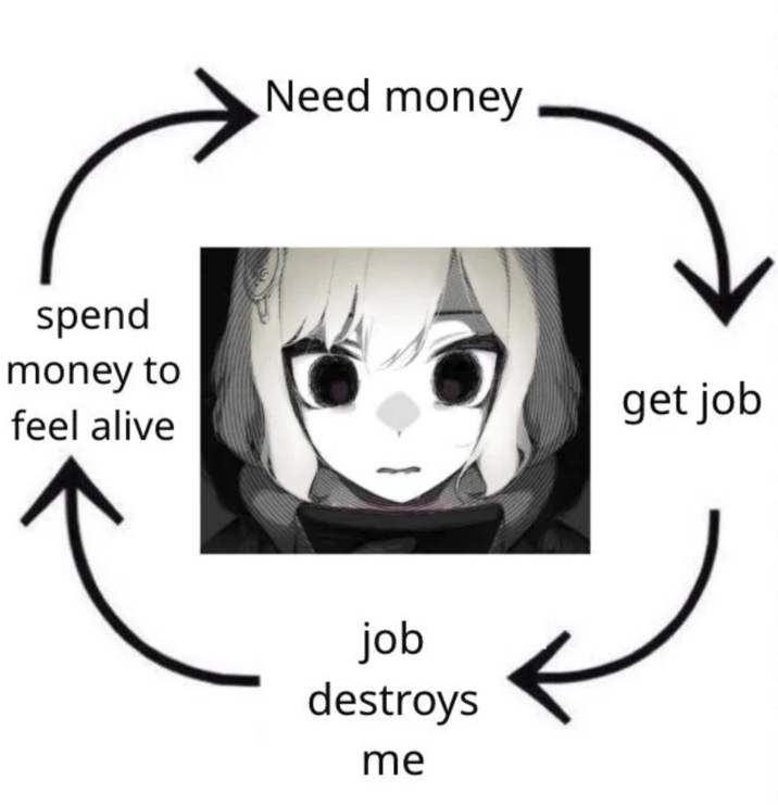 spend money to feel alive Need money job destroys me get job