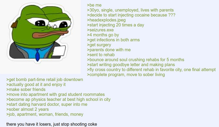 >get bomb part-time retail job downtown >actually good at it and enjoy it >make sober friends >be me >30yo, single, unemployed, lives with parents >decide to start injecting cocaine because ??? >headexplodes.jpeg >start injecting 20 times a day >seizures.exe >4 months go by >get infections in both arms >get surgery >parents done with me >sent to rehab >bounce around soul crushing rehabs for 5 months >start writing goodbye letter and making plans >fly cross country to different rehab in favorite city, one final attempt >complete program, move to sober living >move into apartment with grad student roommates >become ap physics teacher at best high school in city >start dating harvard doctor, super into me >sober almost 2 years >job, apartment, woman, friends, money there you have it losers, just stop shooting coke