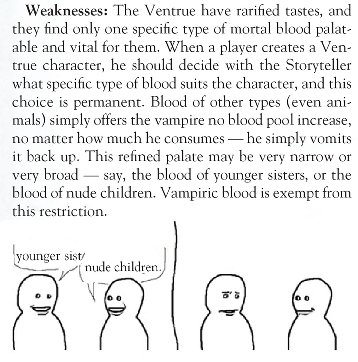 Weaknesses: The Ventrue have rarified tastes, and they find only one specific type of mortal blood palat- able and vital for them. When a player creates a Ven- true character, he should decide with the Storyteller what specific type of blood suits the character, and this choice is permanent. Blood of other types (even ani- mals) simply offers the vampire no blood pool increase, no matter how much he consumes — he simply vomits it back up. This refined palate may be very narrow or very broad say, the blood of younger sisters, or the blood of nude children. Vampiric blood is exempt from this restriction. younger sist nude children.