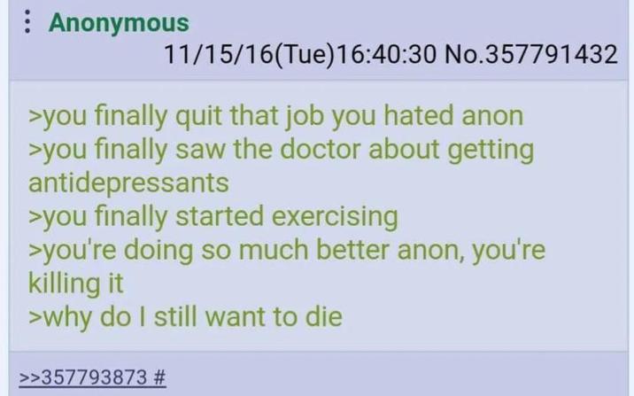 : Anonymous 11/15/16(Tue)16:40:30 No.357791432 >you finally quit that job you hated anon >you finally saw the doctor about getting antidepressants >you finally started exercising >you're doing so much better anon, you're killing it >why do I still want to die >>357793873 #