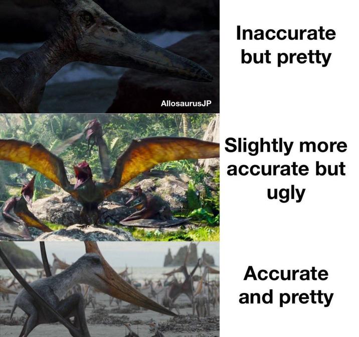 AllosaurusJP Inaccurate but pretty Slightly more accurate but ugly Accurate and pretty