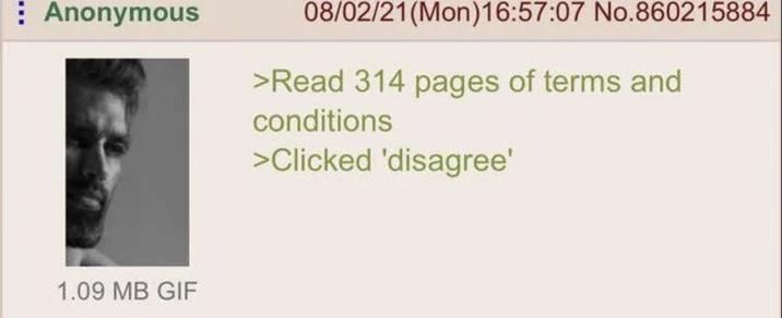 Anonymous 08/02/21(Mon) 16:57:07 No.860215884 >Read 314 pages of terms and conditions >Clicked 'disagree' 1.09 MB GIF
