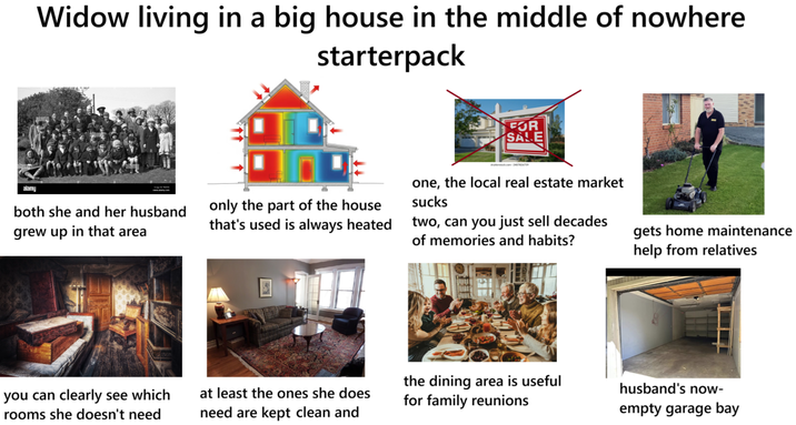 Widow living in a big house in the middle of nowhere starterpack alamy both she and her husband grew up in that area you can clearly see which rooms she doesn't need FOR SALE shutterstock.com-2487826759 only the part of the house that's used is always heated one, the local real estate market sucks two, can you just sell decades of memories and habits? gets home maintenance help from relatives at least the ones she does need are kept clean and the dining area is useful for family reunions husband's now- empty garage bay