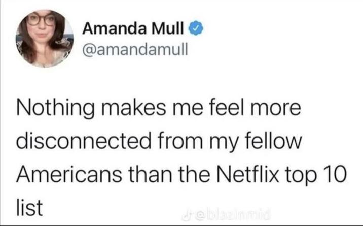 Amanda Mull @amandamull Nothing makes me feel more disconnected from my fellow Americans than the Netflix top 10 list Jeblazinmid