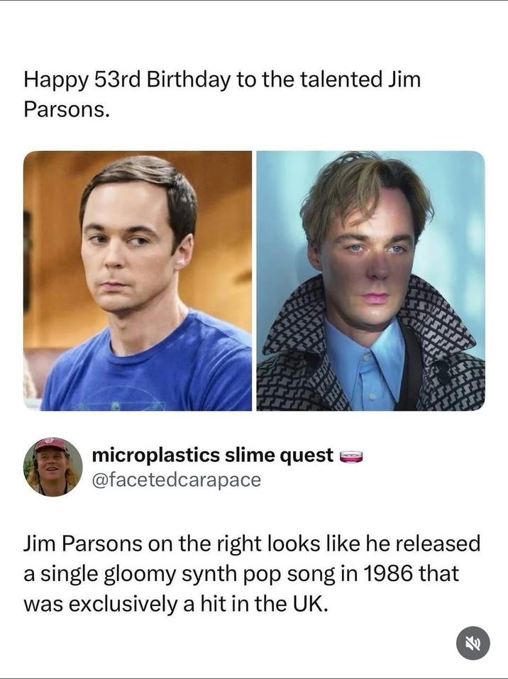 Happy 53rd Birthday to the talented Jim Parsons. microplastics slime quest @facetedcarapace Jim Parsons on the right looks like he released a single gloomy synth pop song in 1986 that was exclusively a hit in the UK.