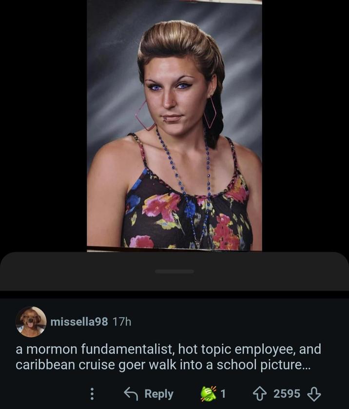 missella98 17h a mormon fundamentalist, hot topic employee, and caribbean cruise goer walk into a school picture... Reply 1 2595