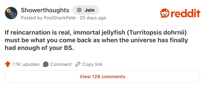 Showerthoughts + Join Posted by PoolSharkPete 25 days ago reddit If reincarnation is real, immortal jellyfish (Turritopsis dohrnii) must be what you come back as when the universe has finally had enough of your BS. 7.1K upvotes Comment Copy link View 128 comments