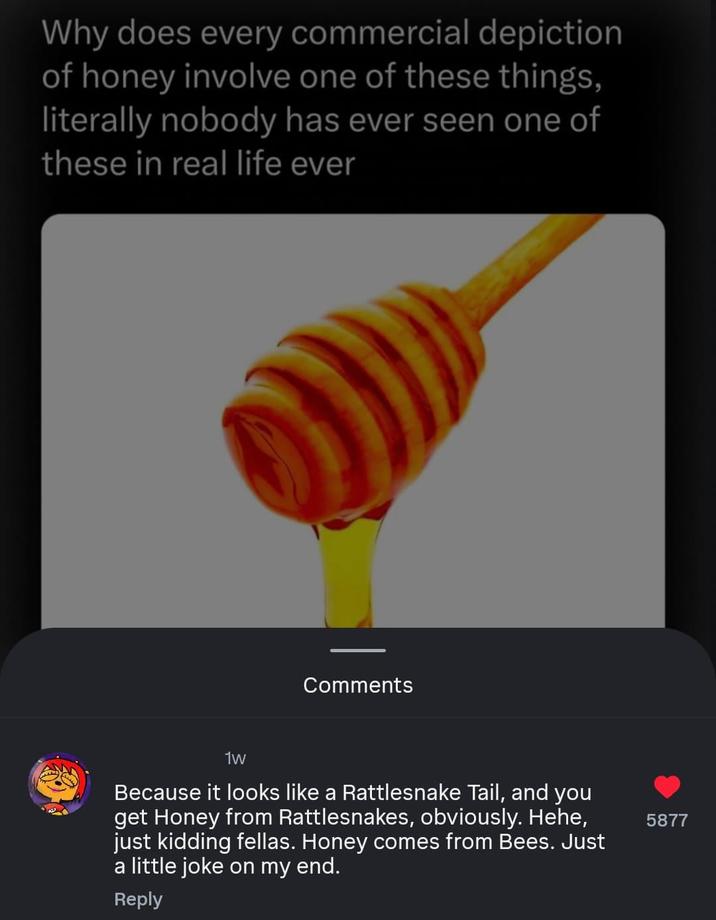 Why does every commercial depiction of honey involve one of these things, literally nobody has ever seen one of these in real life ever Comments 1W Because it looks like a Rattlesnake Tail, and you get Honey from Rattlesnakes, obviously. Hehe, just kidding fellas. Honey comes from Bees. Just a little joke on my end. Reply 5877