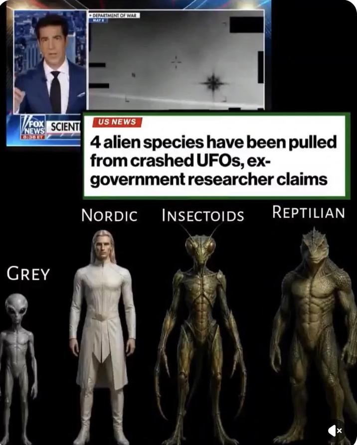 DEPARTMENT OF WAR MAY FOX SCIENT NEWS 8:30 ET US NEWS 4 alien species have been pulled from crashed UFOs, ex- government researcher claims NORDIC INSECTOIDS REPTILIAN GREY ×