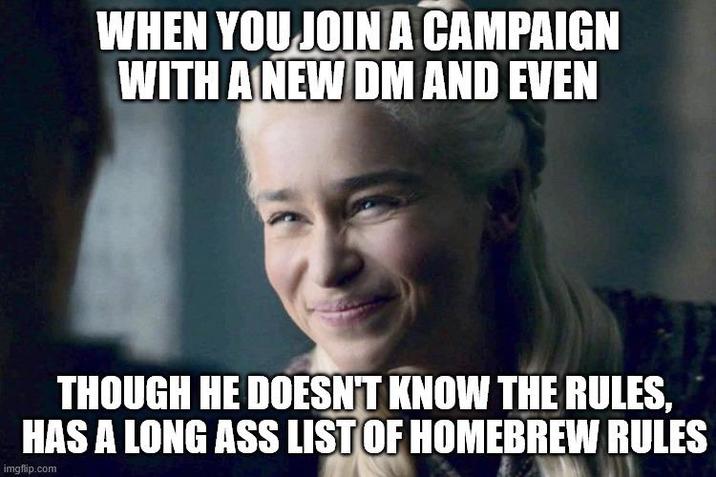 WHEN YOU JOIN A CAMPAIGN WITH A NEW DM AND EVEN THOUGH HE DOESN'T KNOW THE RULES, HAS A LONG ASS LIST OF HOMEBREW RULES imgflip.com