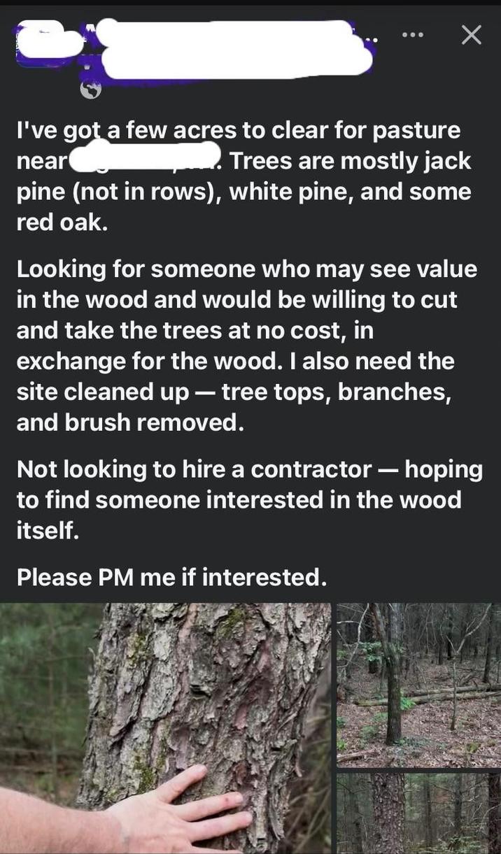 I've got a few acres to clear for pasture Trees are mostly jack near pine (not in rows), white pine, and some red oak. Looking for someone who may see value in the wood and would be willing to cut and take the trees at no cost, in exchange for the wood. I also need the site cleaned up — tree tops, branches, and brush removed. - Not looking to hire a contractor - hoping to find someone interested in the wood itself. Please PM me if interested.