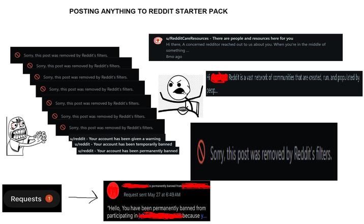 POSTING ANYTHING TO REDDIT STARTER PACK u/RedditCareResources - There are people and resources here for you Hi there, A concerned redditor reached out to us about you. When you're in the middle of something ... 8mo ago Sorry, this post was removed by Reddit's filters. Sorry, this post was removed by Reddit's filters. Sorry, this post was removed by Reddit's filters. Sorry, this post was removed by Reddit's filters. Sorry, this post was removed by Reddit's filters. Sorry, this post was removed by Reddit's filters. Sorry, this post was removed by Reddit's filters. u/reddit - Your account has been given a warning u/reddit - Your account has been temporarily banned u/reddit - Your account has been permanently banned Requests 1 Hi peop... Reddit is a vast network of communities that are created, run, and populated by O Sorry, this Sorry, this post was removed by Redit' filters. is permanently banned from Request sent May 27 at 6:49 AM "Hello, You have been permanently banned from participating in because y...