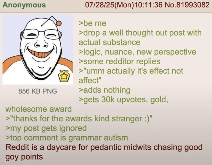 Anonymous 856 KB PNG 07/28/25(Mon) 10:11:36 No.81993082 >be me >drop a well thought out post with actual substance >logic, nuance, new perspective >some redditor replies >"umm actually it's effect not affect" >adds nothing >gets 30k upvotes, gold, wholesome award >"thanks for the awards kind stranger :)" >my post gets ignored >top comment is grammar autism Reddit is a daycare for pedantic midwits chasing good goy points
