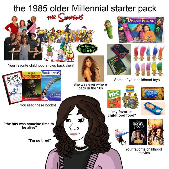 the 1985 older Millennial starter pack THE SIMPSONS DUE LOD DED DREAM PHONE Guess who likes you in this walking telephone gemst Your favorite childhood shows back then! SCARY STORIES to Tell in the Dark R.L.STINE Goosebumps ANIMORPHS Collected from Fallin Dings be Sphen The Invasion K. A. Applegate NIGHT OF THE LIVING DUMMY You read these books! "the 90s was amazine time to be alive" "I'm so tired" of the Are You Afraid Dark? She was everywhere back in the 90s Some of your childhood toys HiC Ecto Cooler BURGER KING KIDS Butterfinger "my favorite childhood food" Joubtfire Darry Hocus Pocus Your favorite childhood movies