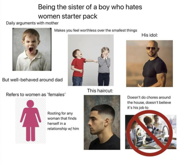 Being the sister of a boy who hates women starter pack Daily arguments with mother Makes you feel worthless over the smallest things His idol: But well-behaved around dad This haircut: Refers to women as 'females' Doesn't do chores around the house, doesn't believe it's his job to Rooting for any woman that finds herself in a relationship w/ him