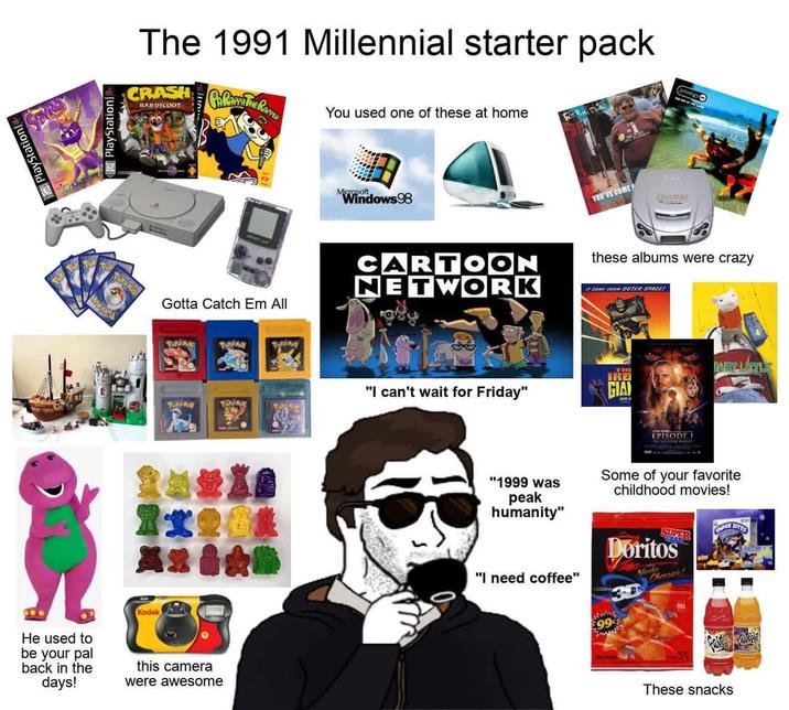 The 1991 Millennial starter pack (prodigy BANDICOOT CRASH RATHE RAPPER You used one of these at home Gotta Catch Em All He used to be your pal back in the days! Kodak this camera were awesome TUKERY Microsoft Windows 98 CARTOON NETWORK YOU'VE COME Disemas these albums were crazy IT CAME FROM OUTER SPACE ART LITTL IRE "I can't wait for Friday" GIA EPISODE! "1999 was peak humanity" Some of your favorite childhood movies! "I need coffee" SUPER Doritos Nache Cheeser 99 These snacks