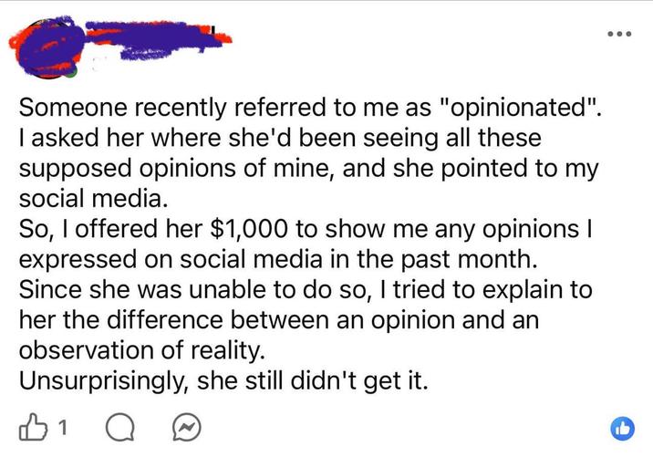 Someone recently referred to me as "opinionated". I asked her where she'd been seeing all these supposed opinions of mine, and she pointed to my social media. So, I offered her $1,000 to show me any opinions I expressed on social media in the past month. Since she was unable to do so, I tried to explain to her the difference between an opinion and an observation of reality. Unsurprisingly, she still didn't get it. 1