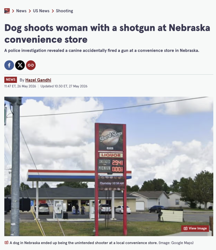 MUS > News > US News > Shooting Dog shoots woman with a shotgun at Nebraska convenience store A police investigation revealed a canine accidentally fired a gun at a convenience store in Nebraska. fX >> NEWS By Hazel Gandhi 11:47 ET, 26 May 2026 | Updated 10:30 ET, 27 May 2026 Short Stop GAS LIQUOR UNLEADED 2948 PREMIUM O Thursday 10:58 AM View Image A dog in Nebraska ended up being the unintended shooter at a local convenience store. (Image: Google Maps)