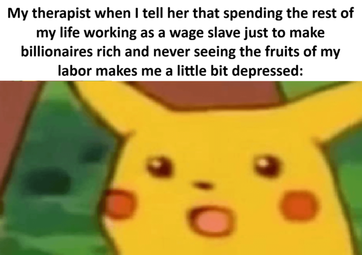 My therapist when I tell her that spending the rest of my life working as a wage slave just to make billionaires rich and never seeing the fruits of my labor makes me a little bit depressed: