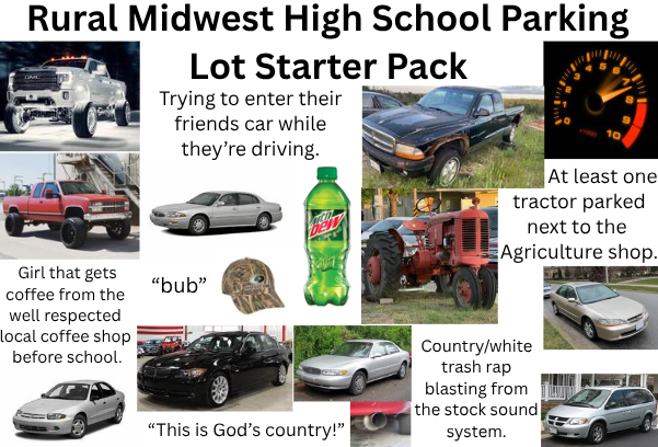 Rural Midwest High School Parking Lot Starter Pack Trying to enter their friends car while they're driving. Girl that gets coffee from the well respected local coffee shop before school. "bub" At least one tractor parked next to the Agriculture shop. "This is God's country!" Country/white trash rap blasting from the stock sound system.