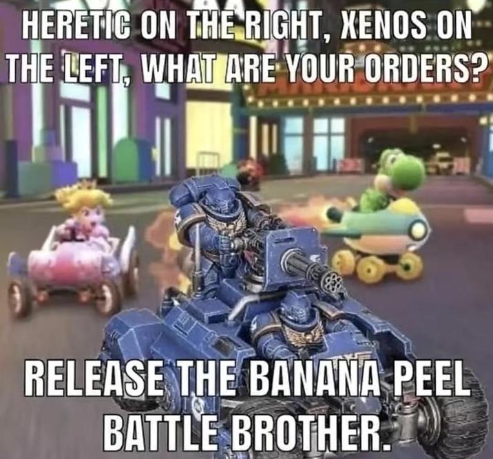 HERETIC ON THE RIGHT, XENOS ON THE LEFT. WHAT ARE YOUR ORDERS? RELEASE THE BANANA PEEL BATTLE BROTHER.