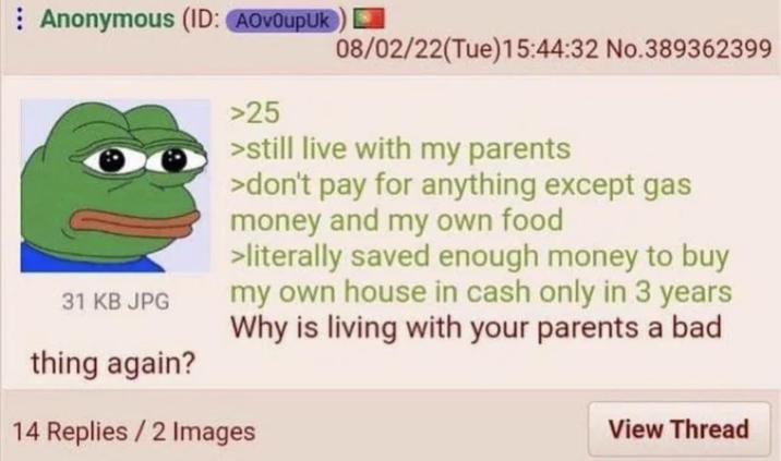 Anonymous (ID: AOVOupUk) >25 08/02/22(Tue)15:44:32 No.389362399 31 KB JPG thing again? >still live with my parents >don't pay for anything except gas money and my own food >literally saved enough money to buy my own house in cash only in 3 years Why is living with your parents a bad 14 Replies/2 Images View Thread