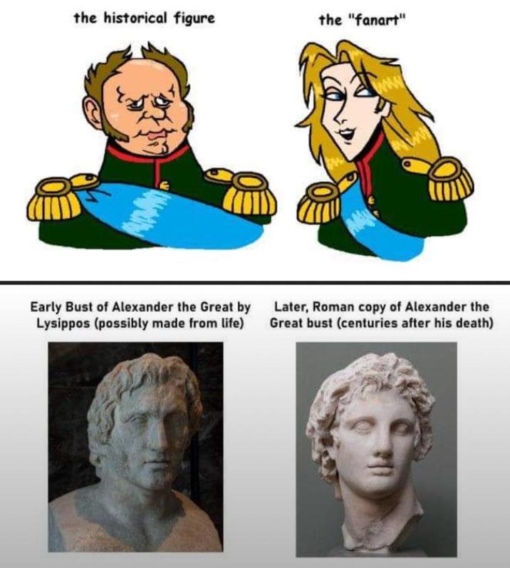the historical figure the "fanart" www W Early Bust of Alexander the Great by Lysippos (possibly made from life) Later, Roman copy of Alexander the Great bust (centuries after his death)