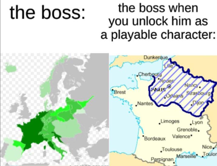 the boss: the boss when you unlock him as a playable character: Dunkerque Le Cherbourg Roder Nancy Brest PARIS Orleans Strasbourg Nantes Dhon Limoges .Lyon Grenoble. Toulouse *Bordeaux Valence Perpignan Marseille Toulon Nice