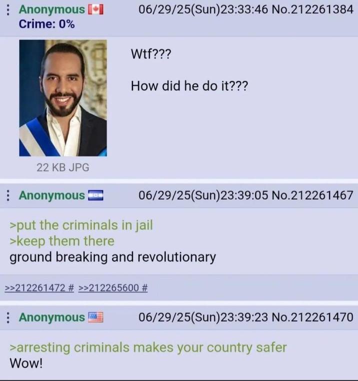 Anonymous [+] Crime: 0% 06/29/25(Sun)23:33:46 No.212261384 W--??? How did he do it??? 22 KB JPG Anonymous ❤❤❤ 06/29/25(Sun)23:39:05 No.212261467 >put the criminals in jail >keep them there ground breaking and revolutionary >>212261472 # >>212265600 # Anonymous 06/29/25(Sun) 23:39:23 No.212261470 >arresting criminals makes your country safer Wow!