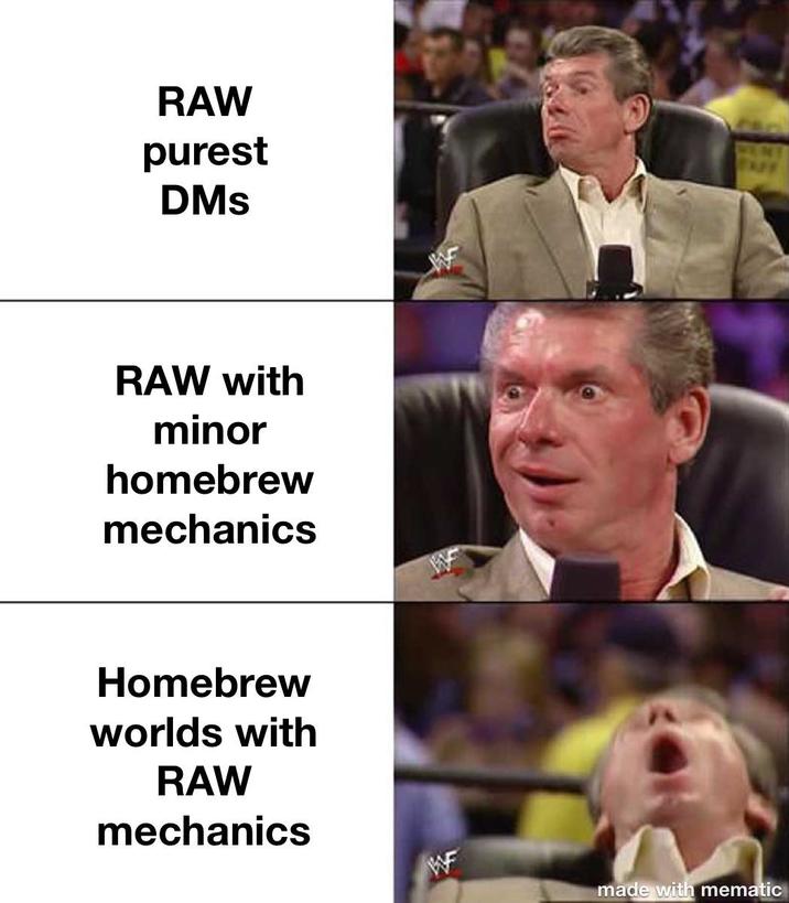 RAW purest DMs RAW with minor homebrew mechanics Homebrew worlds with RAW mechanics WF made with mematic