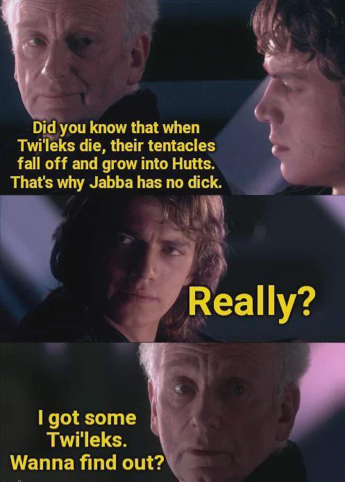 Did you know that when Twi'leks die, their tentacles fall off and grow into Hutts. That's why Jabba has no d---. I got some Twi'leks. Wanna find out? Really?