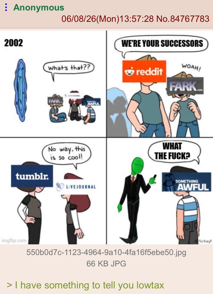 Anonymous 2002 tumblr. imgflip.com 06/08/26(Mon) 13:57:28 No.84767783 What's that?? FARK AWFUL 忠粉 WE'RE YOUR SUCCESSORS WOAH! reddit FARK No way, this is so cool! WHAT THE F---? LIVEJOURNAL SOMETHING AWFUL 550b0d7c-1123-4964-9a10-4fa16f5ebe50.jpg 66 KB JPG > I have something to tell you lowtax Tortieyt