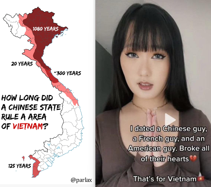 1080 YEARS 20 YEARS "300 YEARS 400-> HOW LONG DID A CHINESE STATE RULE A AREA OF VIETNAM? I dated a Chinese guy, a French guy, and an American guy. Broke all of their hearts 125 YEARS @parlax That's for Vietnam