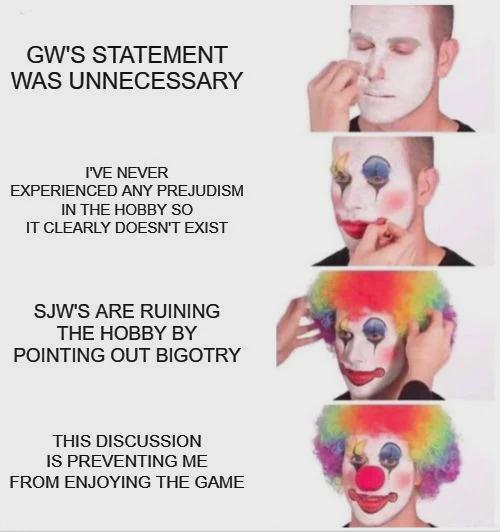 GW'S STATEMENT WAS UNNECESSARY I'VE NEVER EXPERIENCED ANY PREJUDISM IN THE HOBBY SO IT CLEARLY DOESN'T EXIST SJW'S ARE RUINING THE HOBBY BY POINTING OUT BIGOTRY THIS DISCUSSION IS PREVENTING ME FROM ENJOYING THE GAME